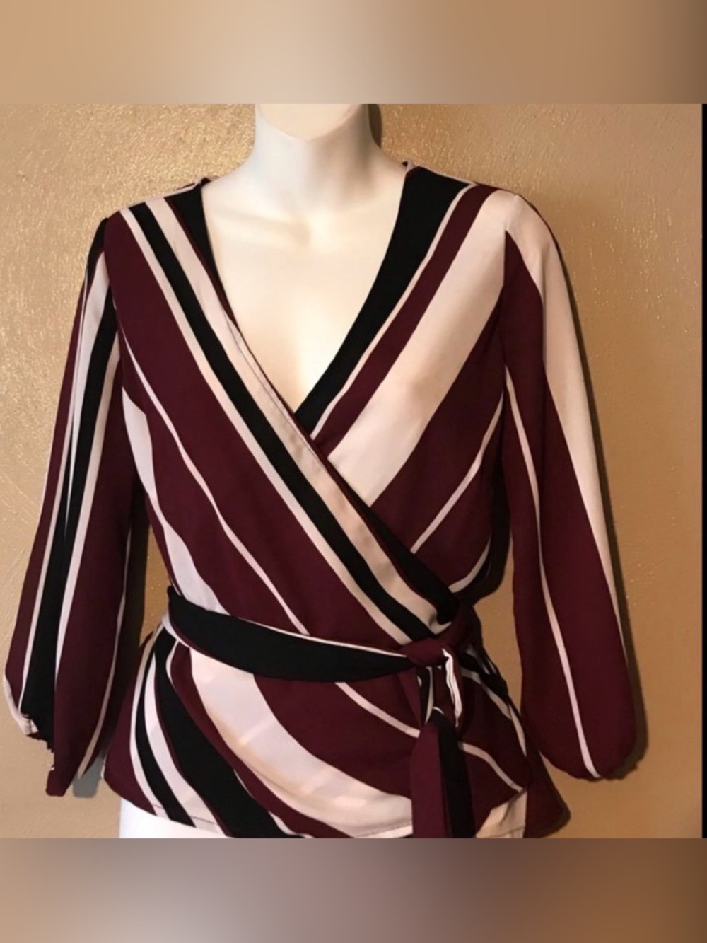 New York & Company Burgundy, Black, and White Striped Wrap around top. Size M
